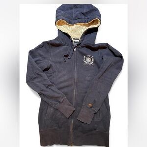 Vtg Roots Green 50% organic cotton Blue wash zip up hoodie w/fleece hood size L